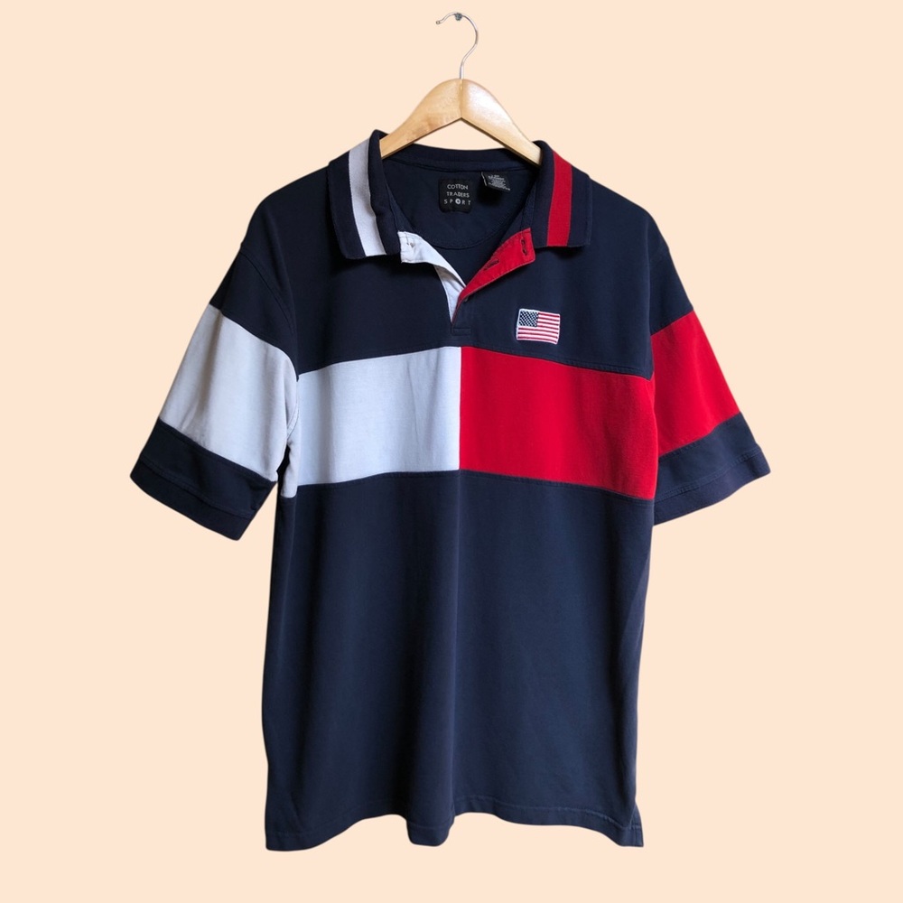 Vintage 90s Cotton Traders Sport Patriotic American Flag USA Polo Shirt MENS L